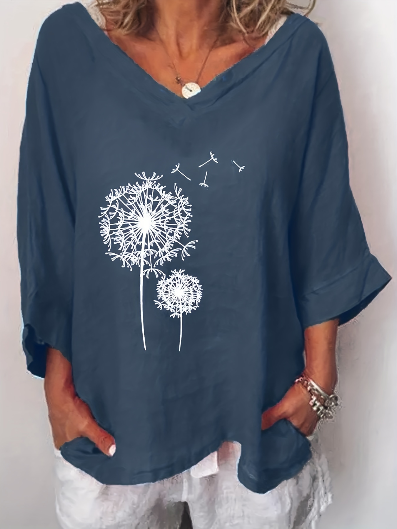 dandelion print blouse casual v neck 3 4 sleeve blouse womens clothing details 10