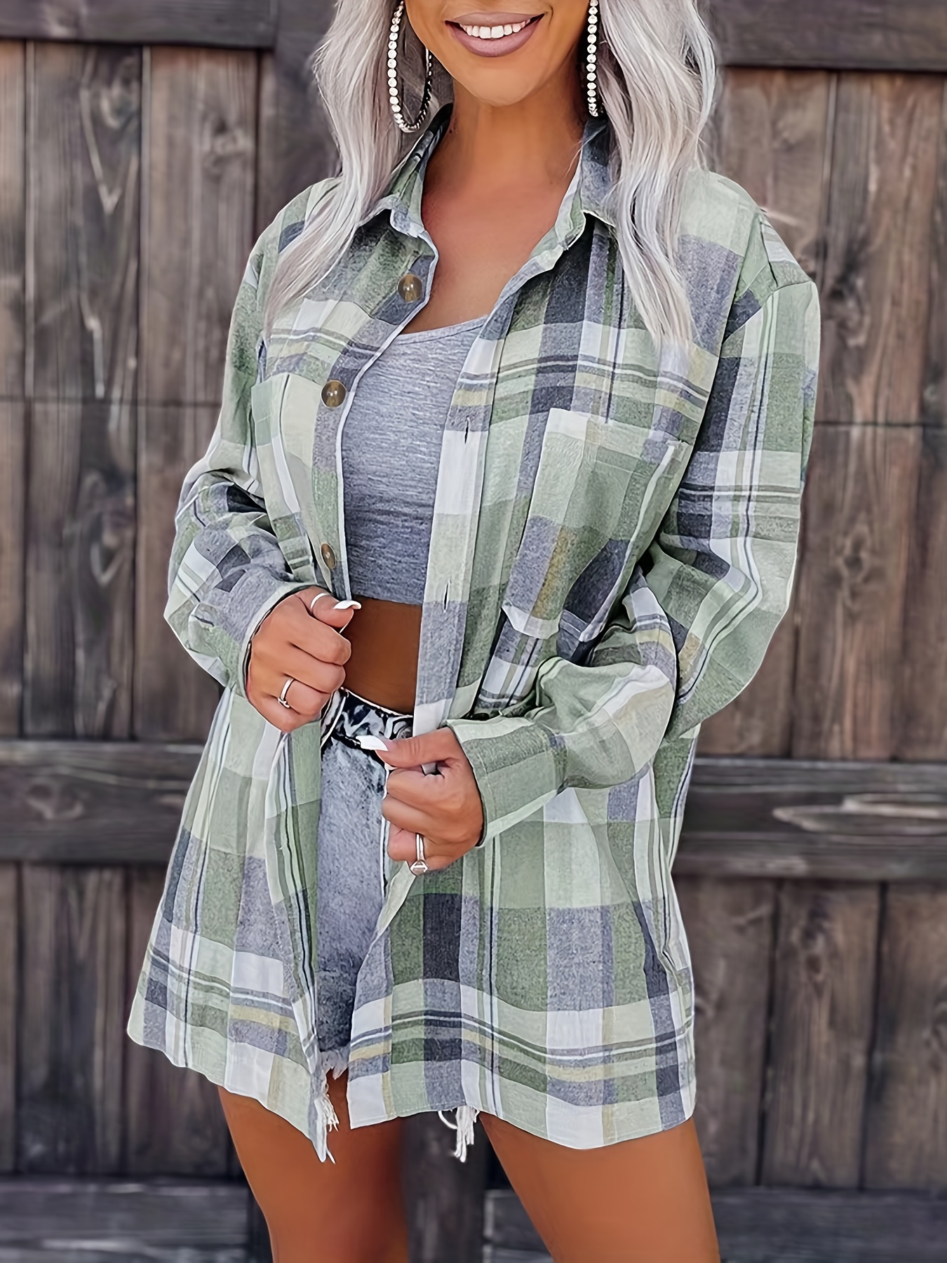 plaid print button front shirt casual long sleeve classic shirt womens clothing details 0