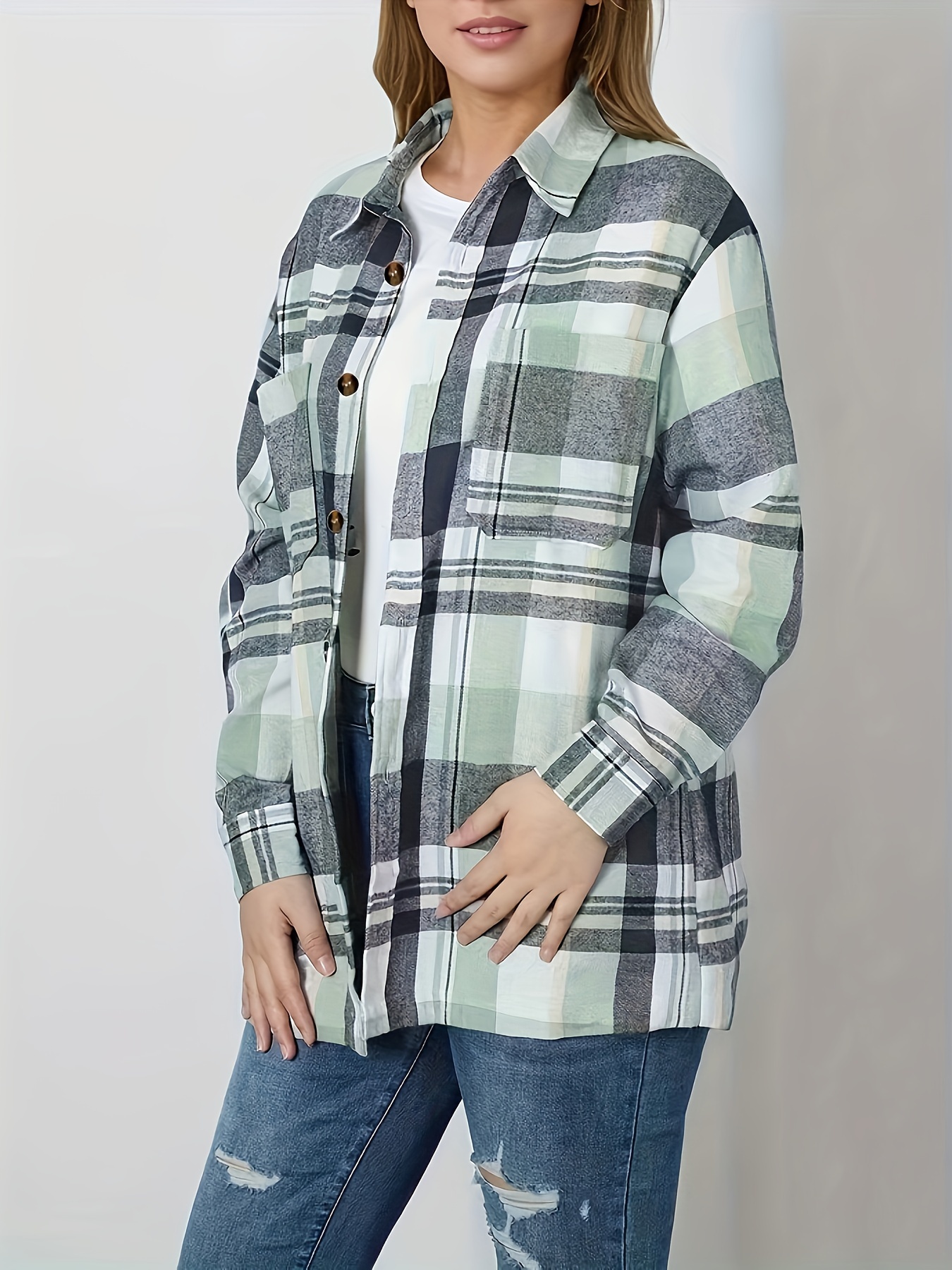 plaid print button front shirt casual long sleeve classic shirt womens clothing details 1