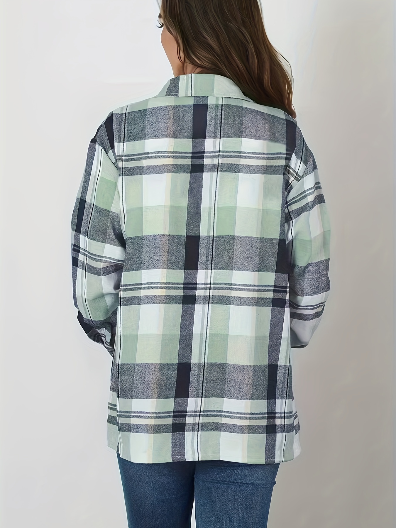 plaid print button front shirt casual long sleeve classic shirt womens clothing details 3