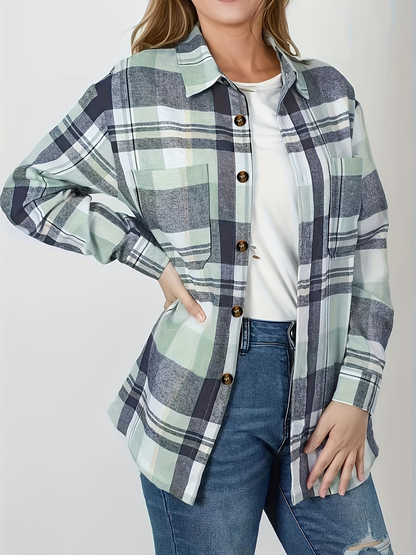 plaid print button front shirt casual long sleeve classic shirt womens clothing details 5