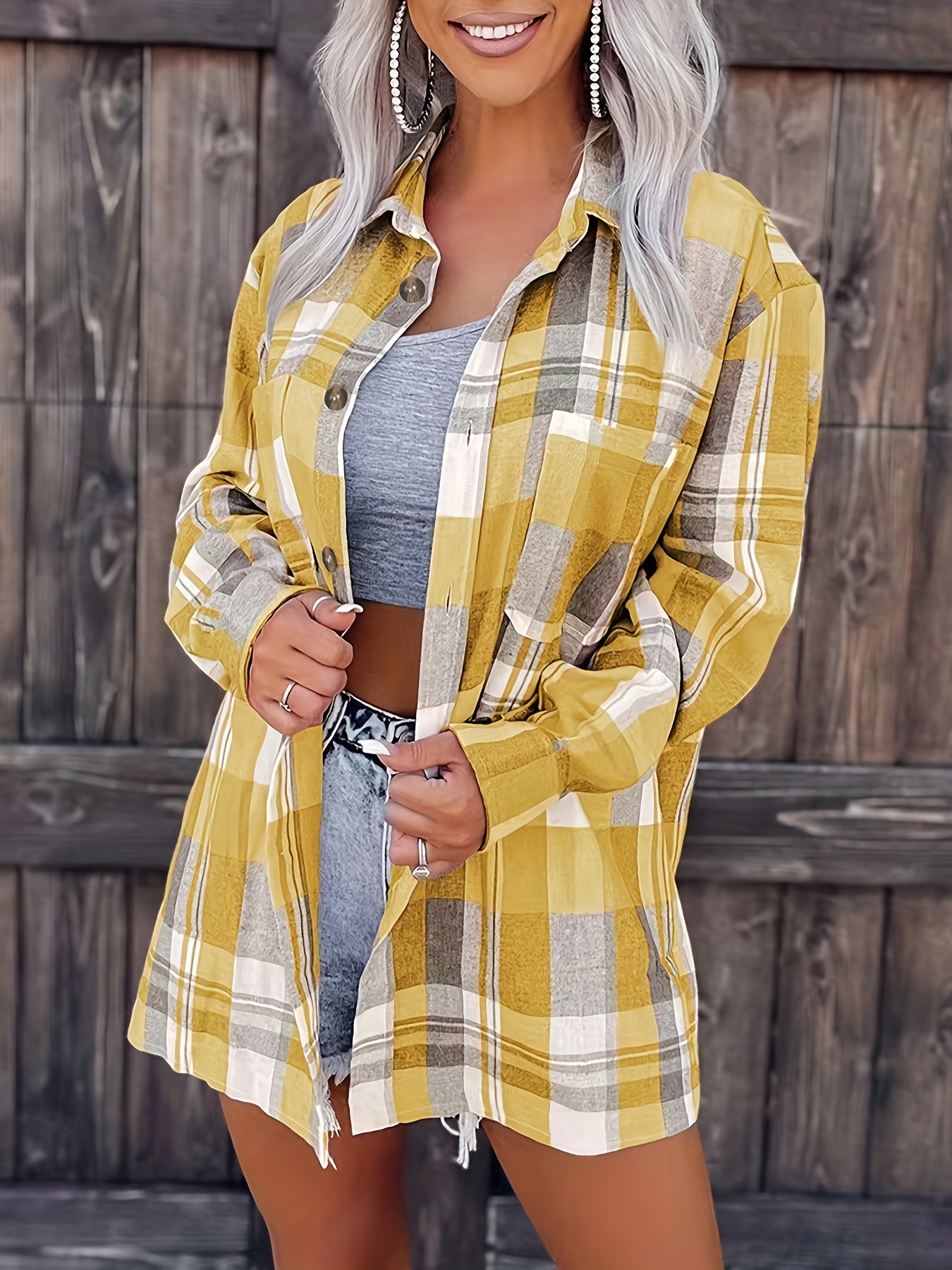 plaid print button front shirt casual long sleeve classic shirt womens clothing details 6