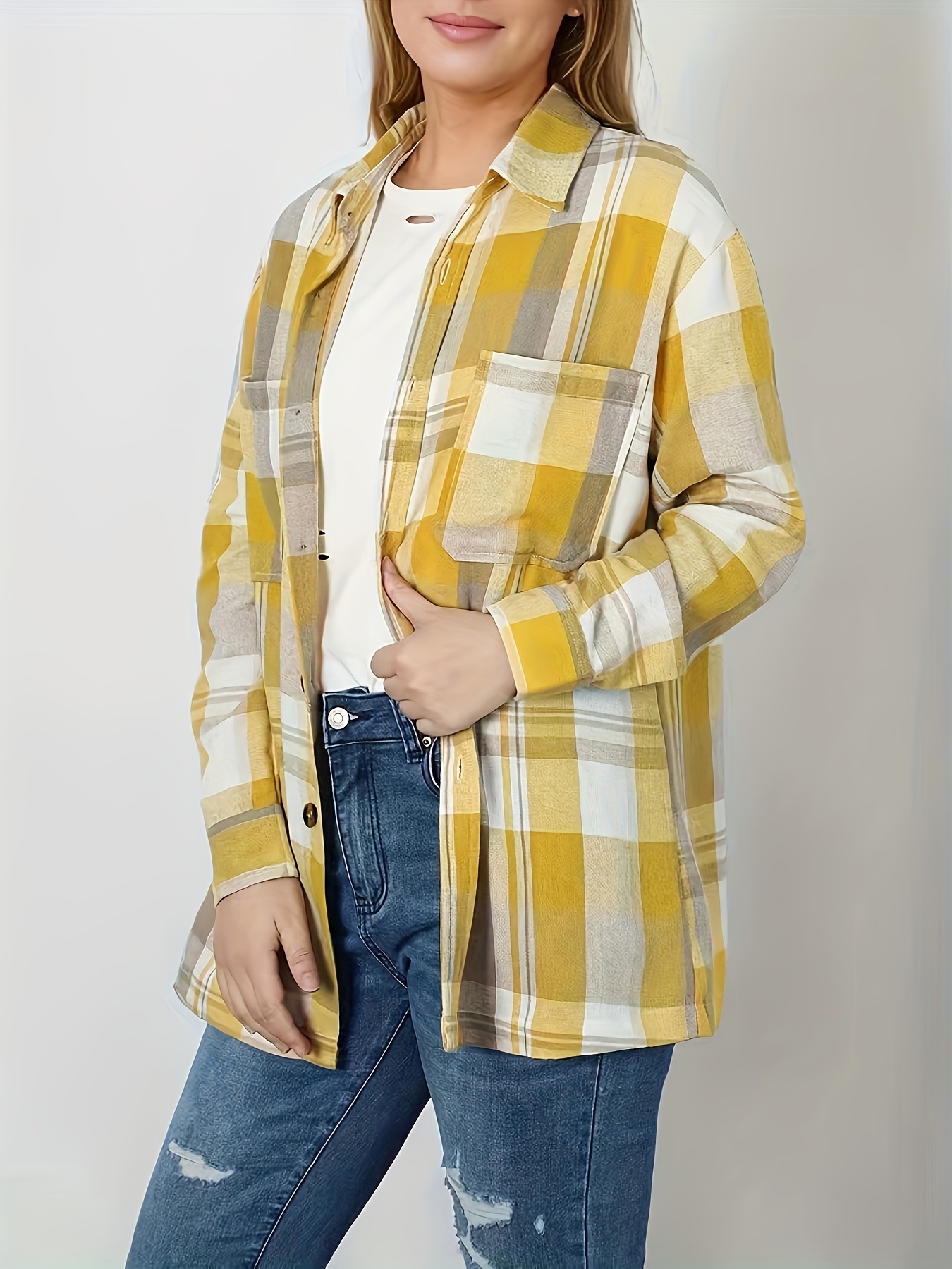 plaid print button front shirt casual long sleeve classic shirt womens clothing details 7