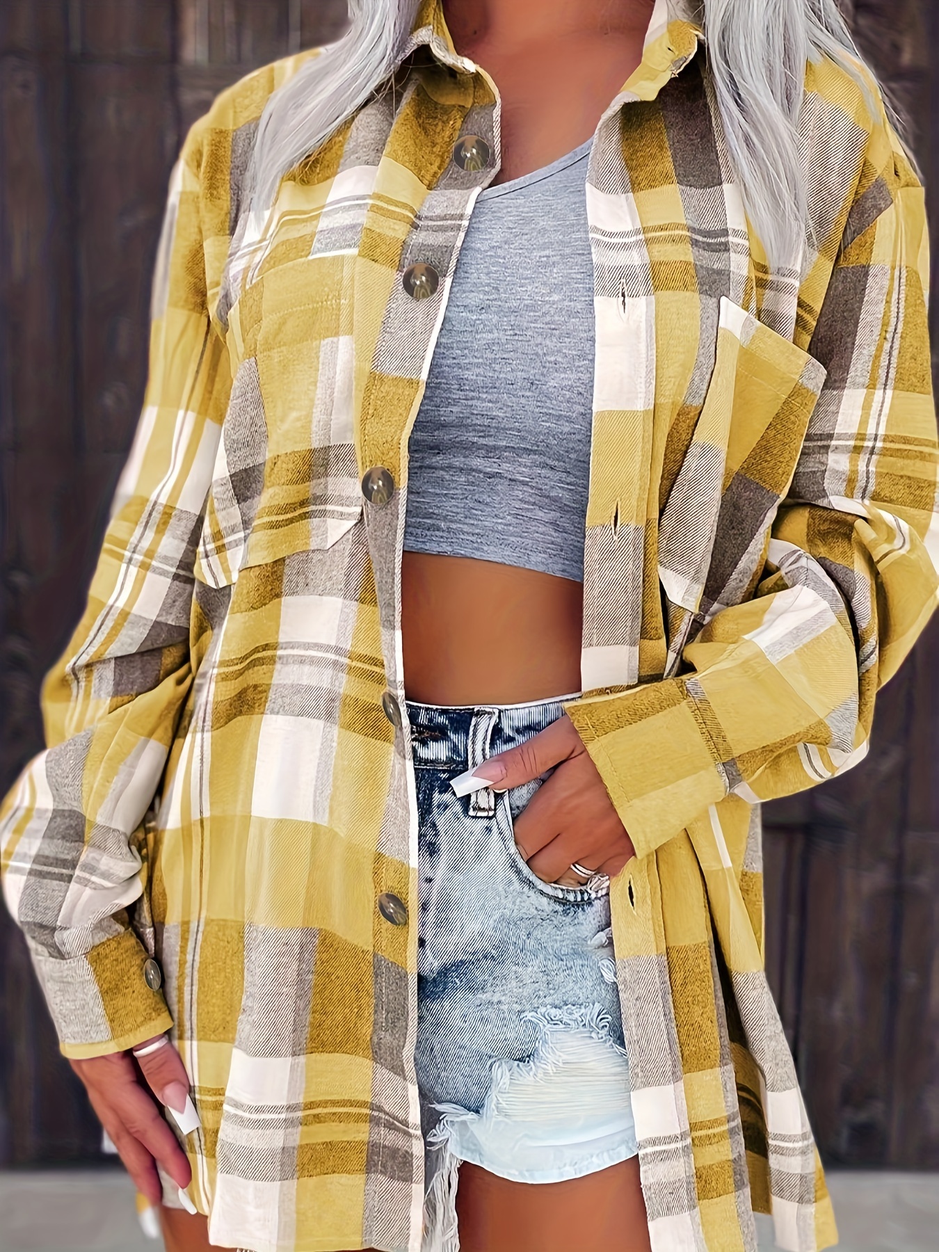 plaid print button front shirt casual long sleeve classic shirt womens clothing details 10