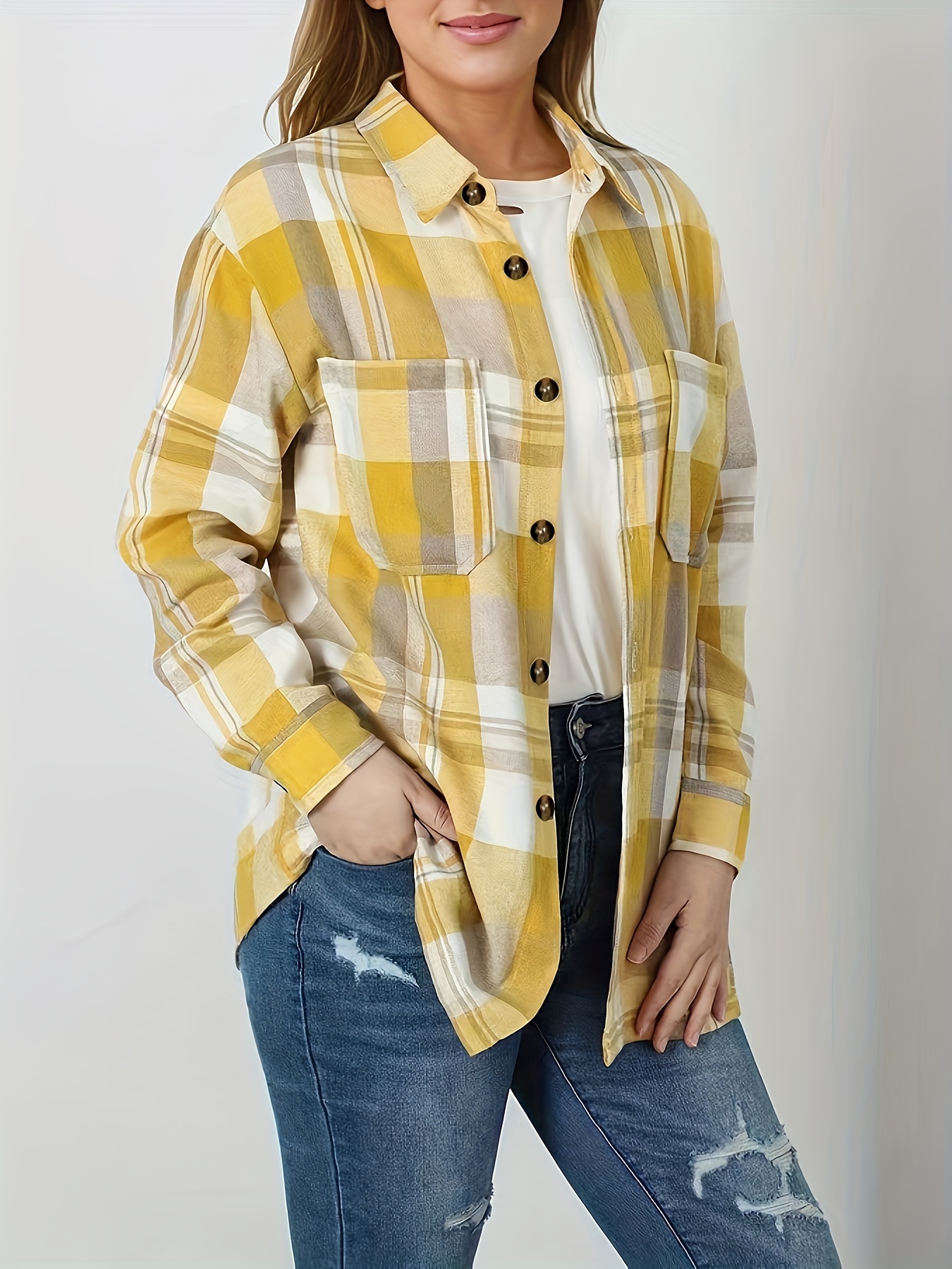 plaid print button front shirt casual long sleeve classic shirt womens clothing details 11