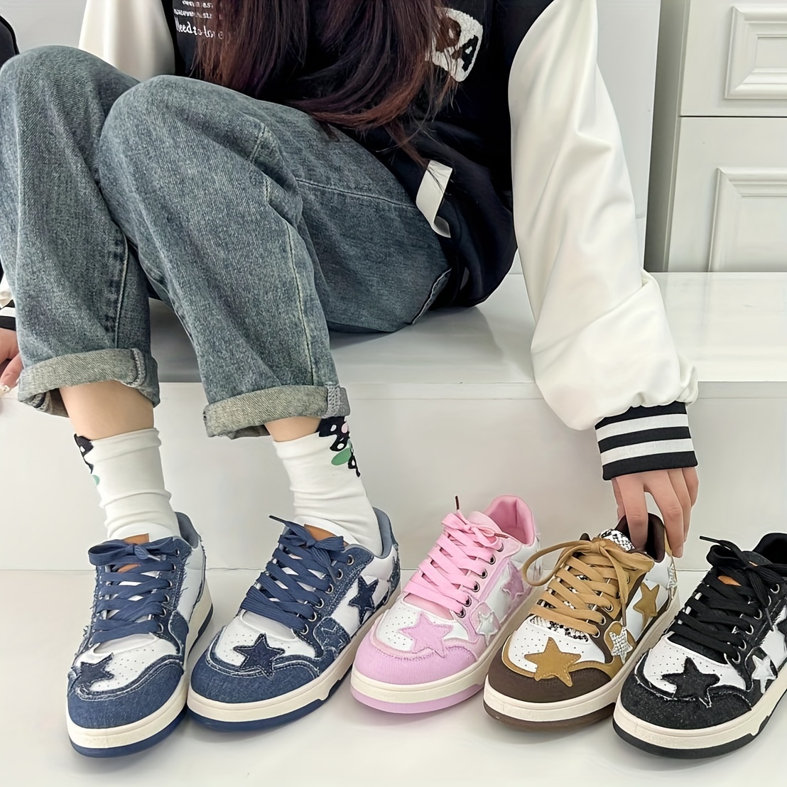 womens denim skate shoes fashion round toe low top sports shoes versatile outdoor sneakers details 5