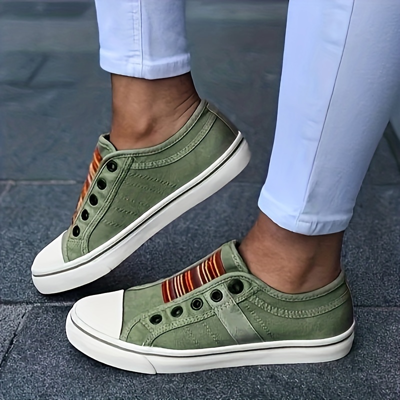 womens low top trainers casual round toe slip on canvas shoes comfy low top flat sneakers details 1