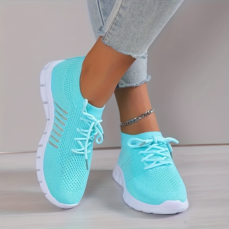 womens knitted running sneakers solid color breathable low top walking trainers lightweight sports shoes details 0