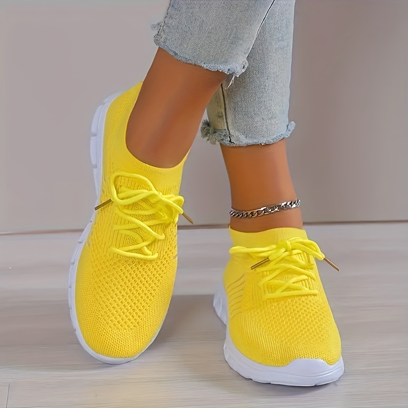 womens knitted running sneakers solid color breathable low top walking trainers lightweight sports shoes details 3