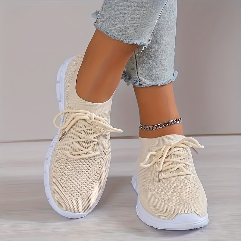 womens knitted running sneakers solid color breathable low top walking trainers lightweight sports shoes details 4