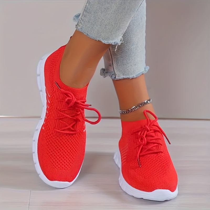 womens knitted running sneakers solid color breathable low top walking trainers lightweight sports shoes details 7