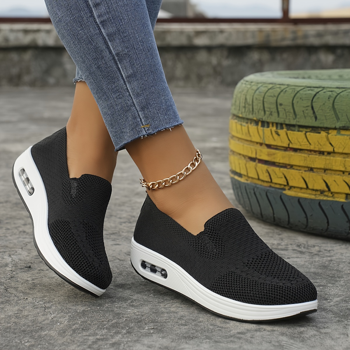 womens air cushion sock sneakers casual breathable solid color low top trainers comfortable knitted walking shoes details 3