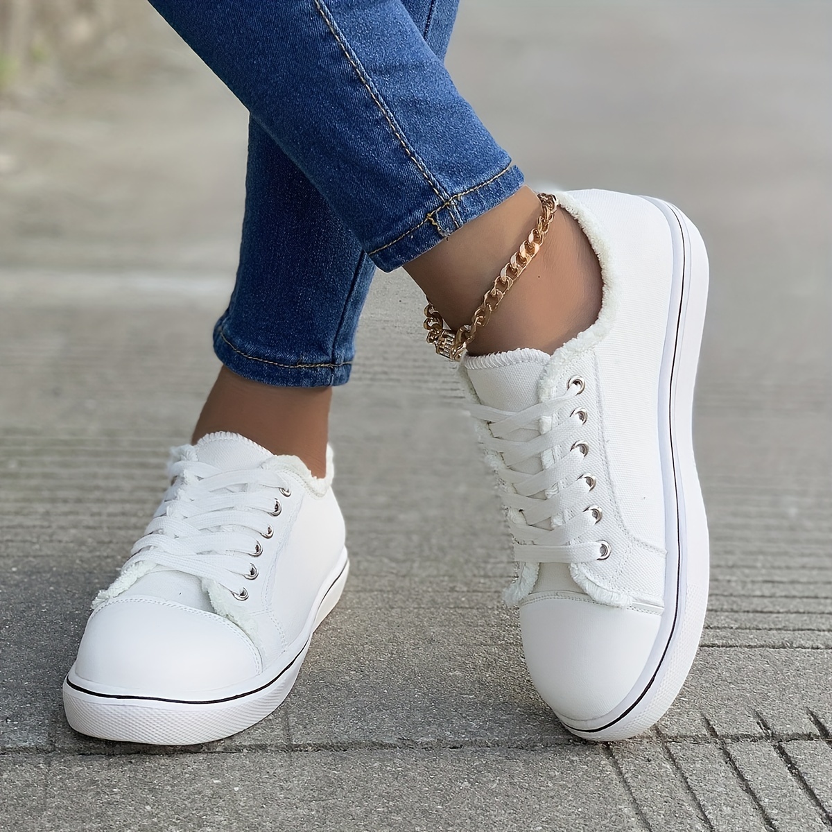 womens casual canvas shoes solid color lace up low top sneakers versatile flat walking shoes details 0