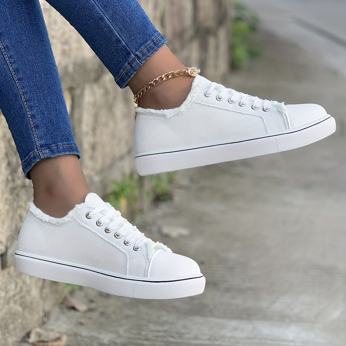 womens casual canvas shoes solid color lace up low top sneakers versatile flat walking shoes details 1