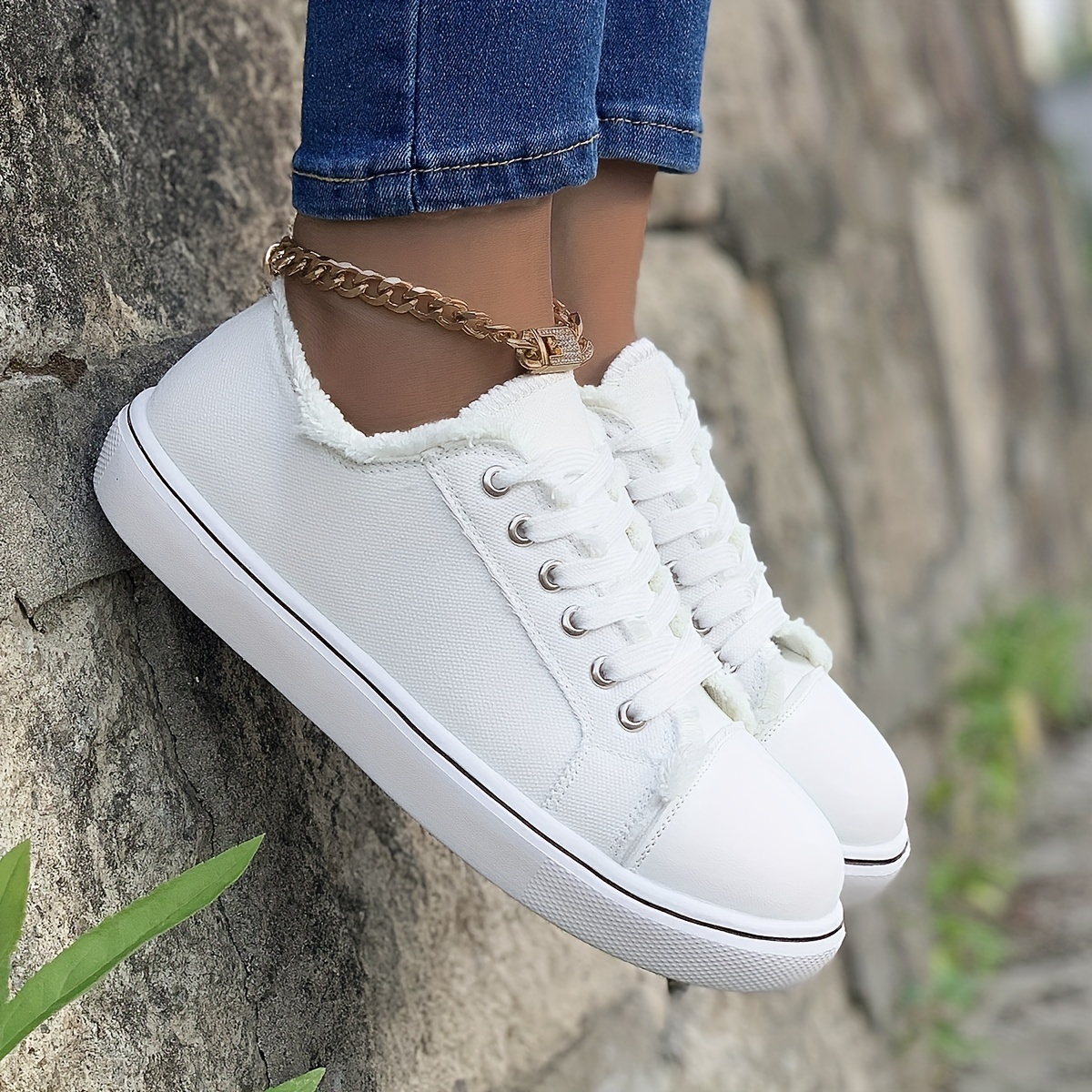 womens casual canvas shoes solid color lace up low top sneakers versatile flat walking shoes details 2