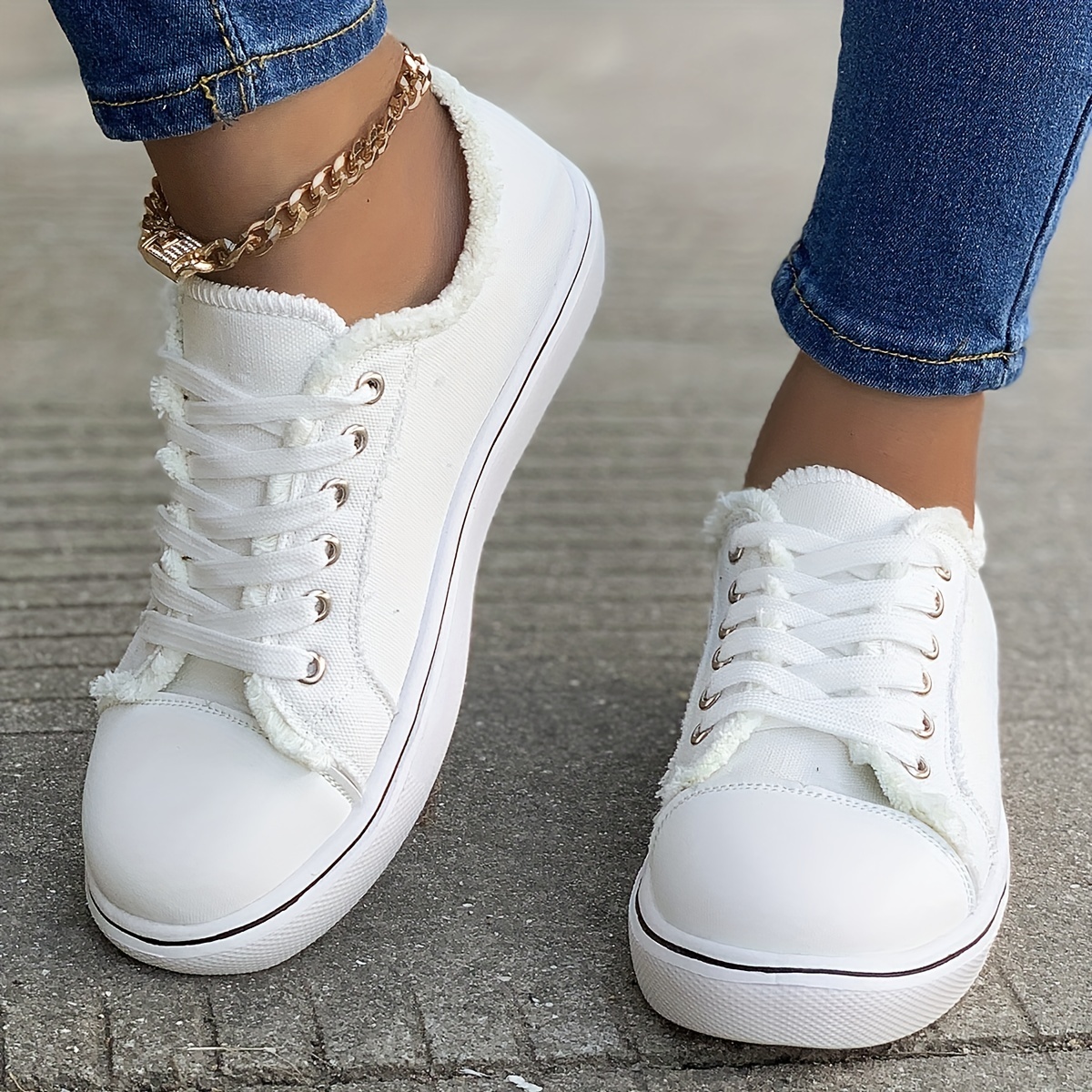 womens casual canvas shoes solid color lace up low top sneakers versatile flat walking shoes details 3