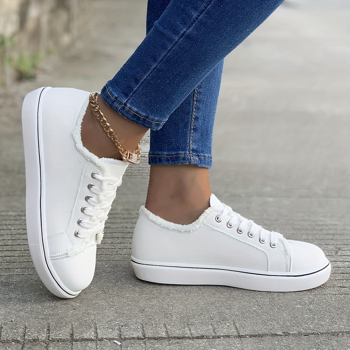 womens casual canvas shoes solid color lace up low top sneakers versatile flat walking shoes details 4