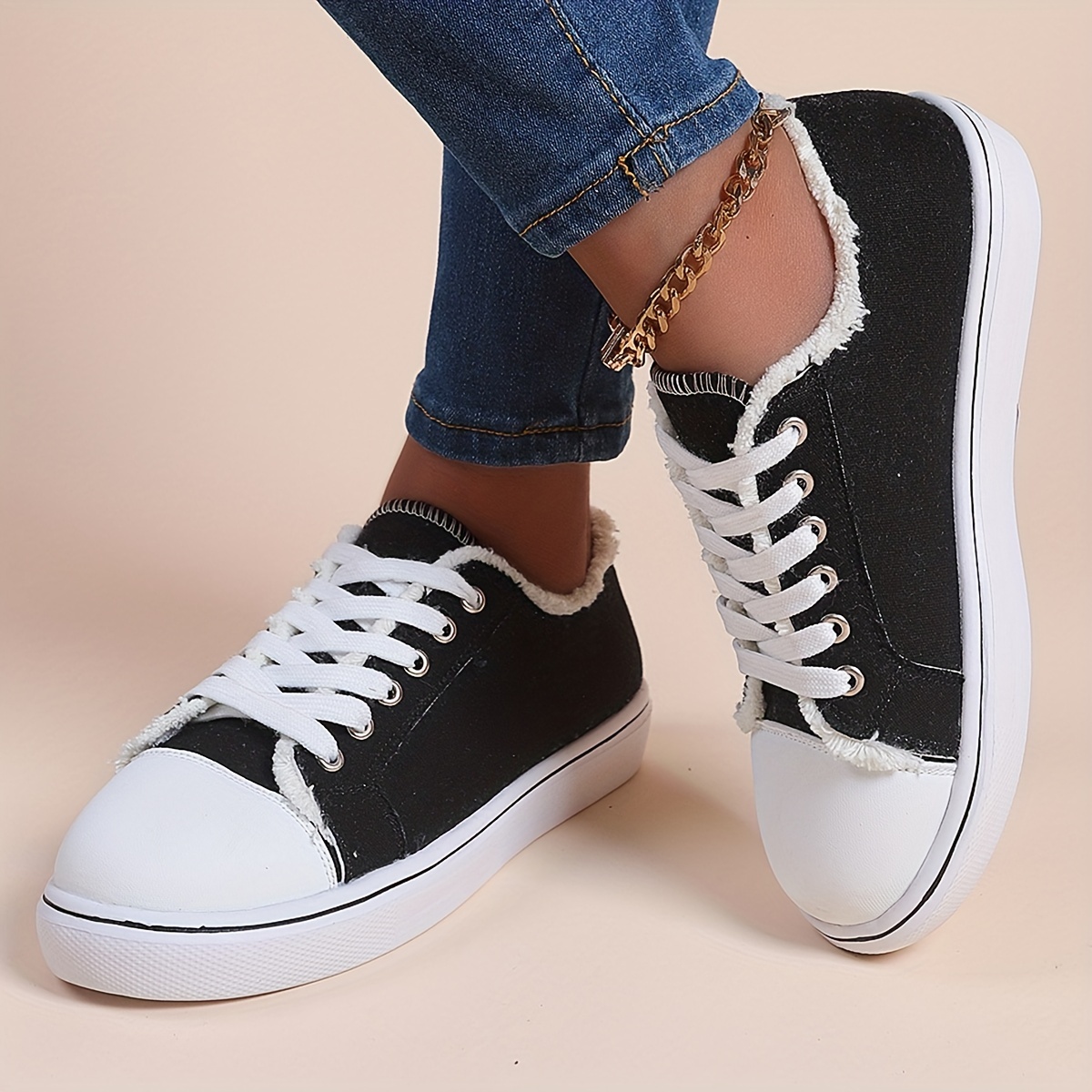 womens casual canvas shoes solid color lace up low top sneakers versatile flat walking shoes details 5