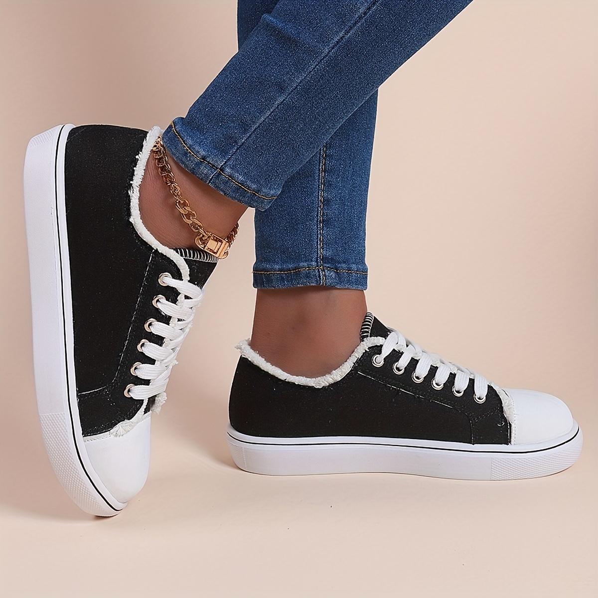 womens casual canvas shoes solid color lace up low top sneakers versatile flat walking shoes details 6