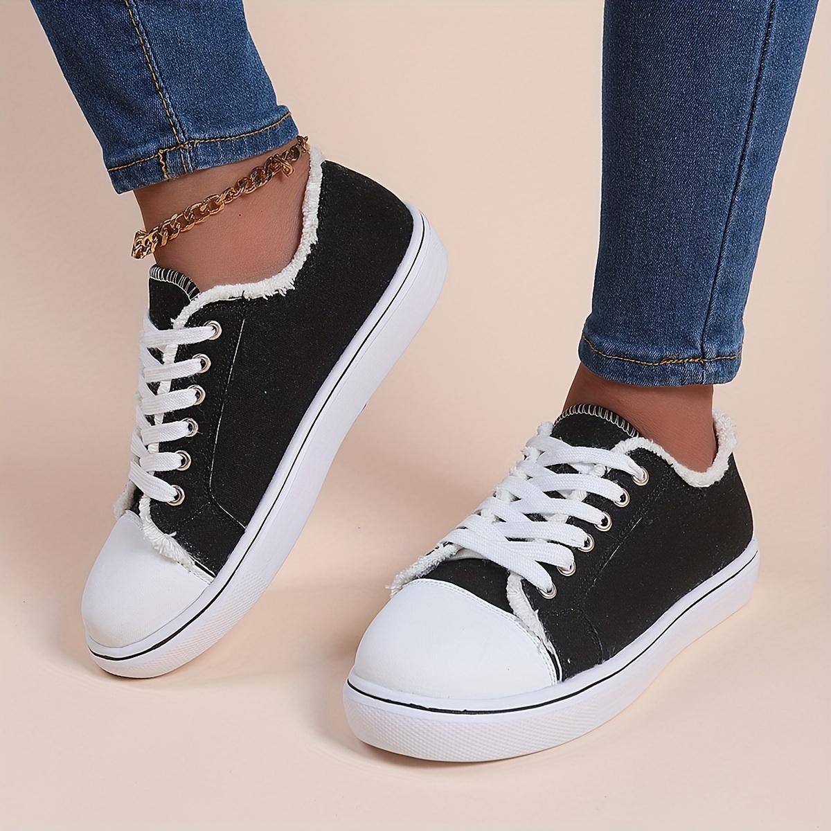 womens casual canvas shoes solid color lace up low top sneakers versatile flat walking shoes details 7