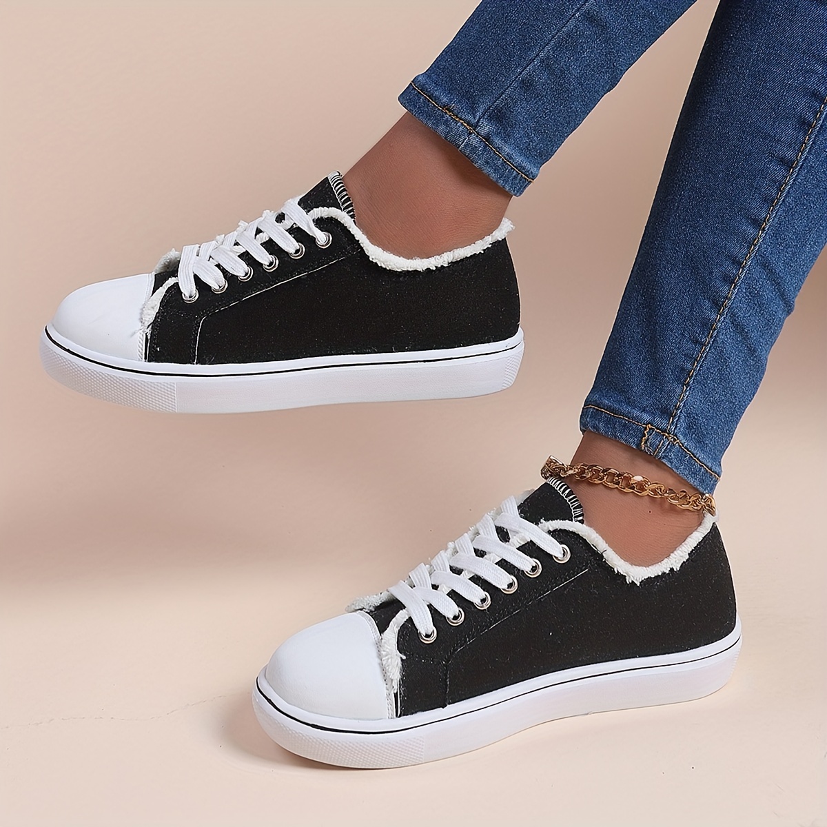 womens casual canvas shoes solid color lace up low top sneakers versatile flat walking shoes details 8