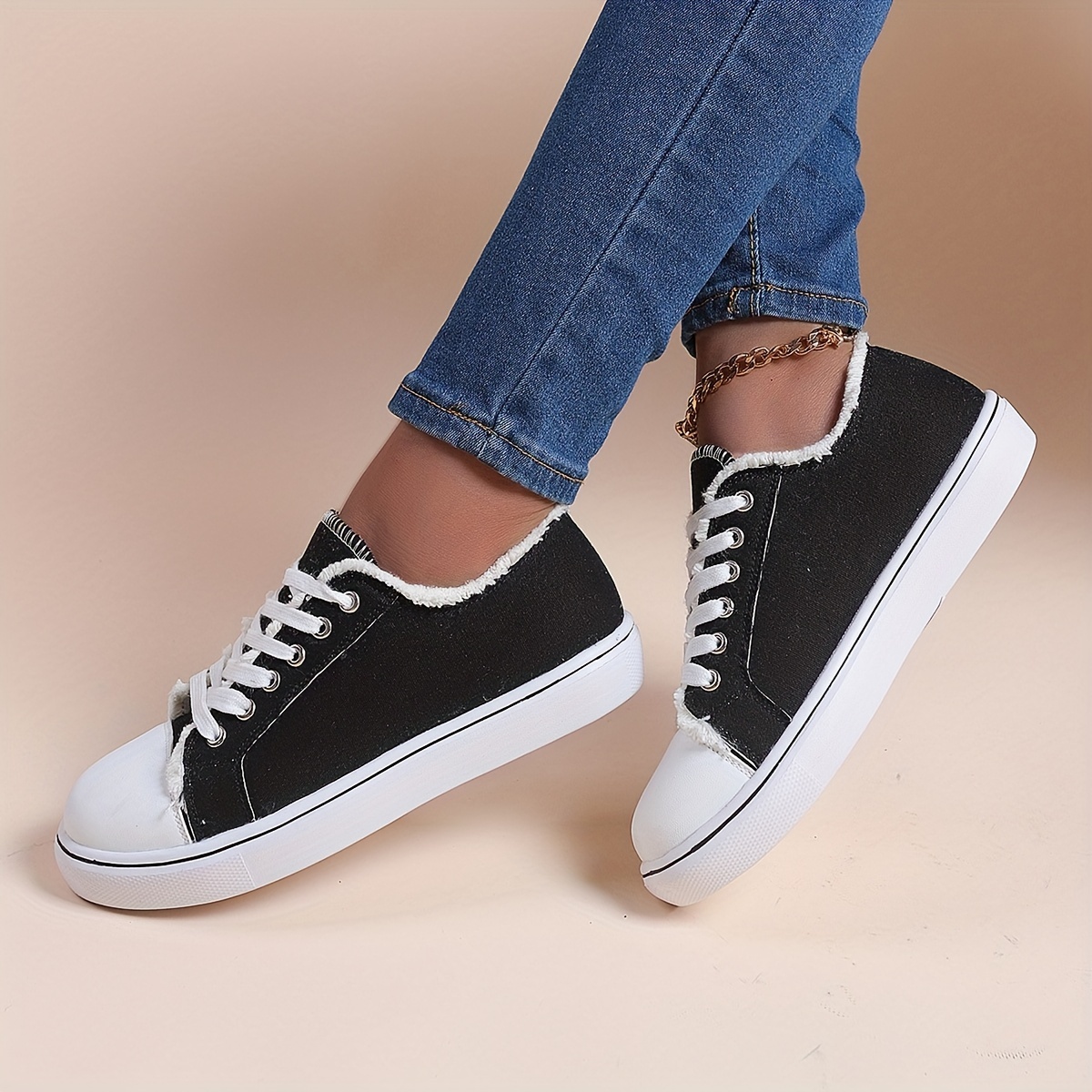 womens casual canvas shoes solid color lace up low top sneakers versatile flat walking shoes details 9