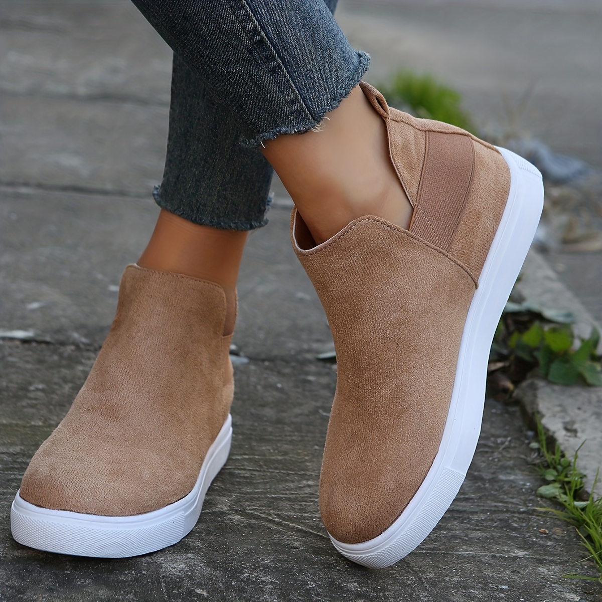 womens flat high top sneakers solid color round toe slip on ankle boots comfortable suedette shoes details 4