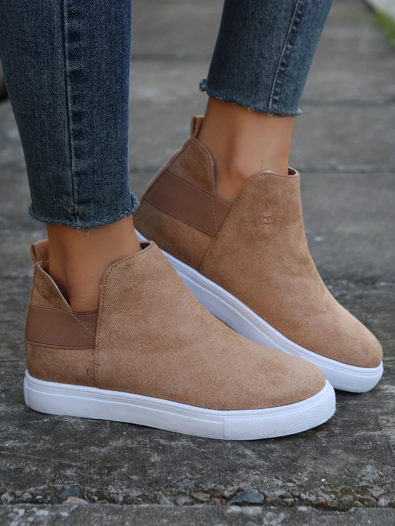 womens flat high top sneakers solid color round toe slip on ankle boots comfortable suedette shoes details 6