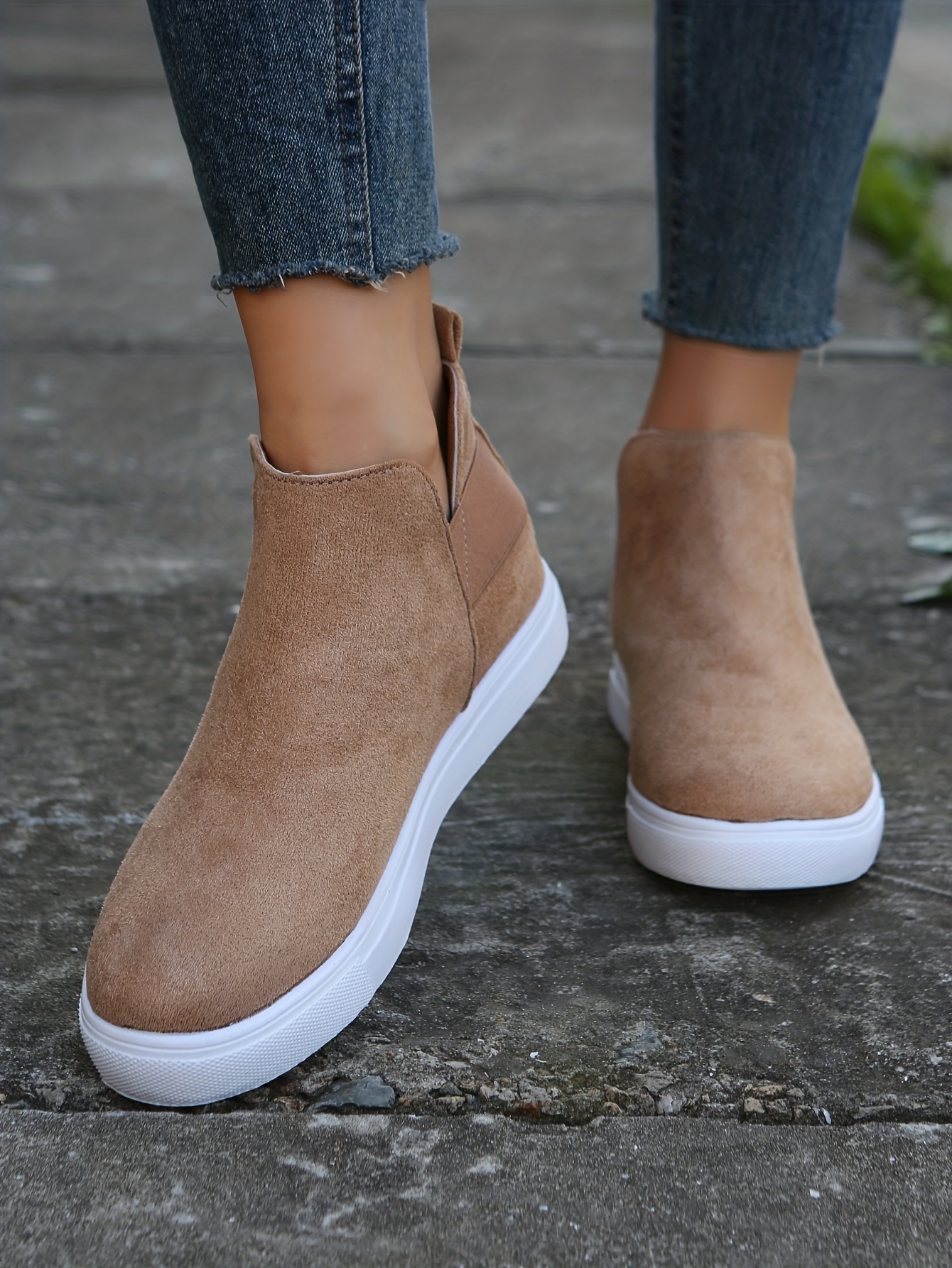 womens flat high top sneakers solid color round toe slip on ankle boots comfortable suedette shoes details 7